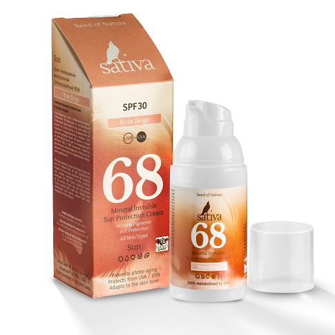SATIVA №68 КРЕМ «НЕВИДИМЫЙ» МИНЕРАЛЬНЫЙ СОЛНЦЕЗАЩИТНЫЙ РОЗОВО-БЕЖЕВЫЙ/ROSE BEIGE 30 МЛ