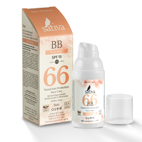 SATIVA №66 КРЕМ УХАЖИВАЮЩИЙ СОЛНЦЕЗАЩИТНЫЙ С ТОНИРУЮЩИМ ЭФФЕКТОМ РОЗОВО-БЕЖЕВЫЙ/ROSE BEIGE 30 МЛ