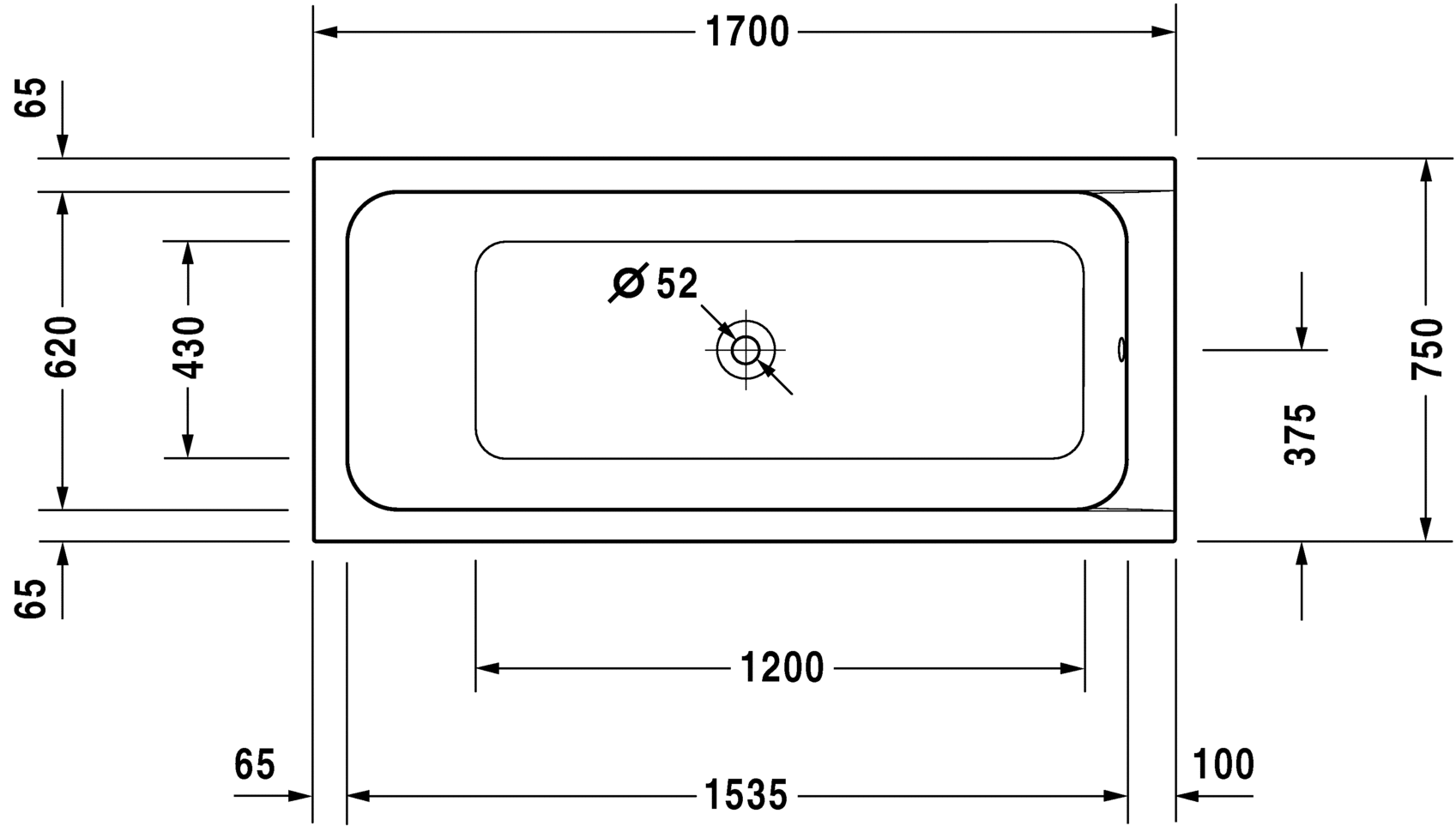 Ванна с центральным сливом Duravit D-Code 170x75 700099 схема 1