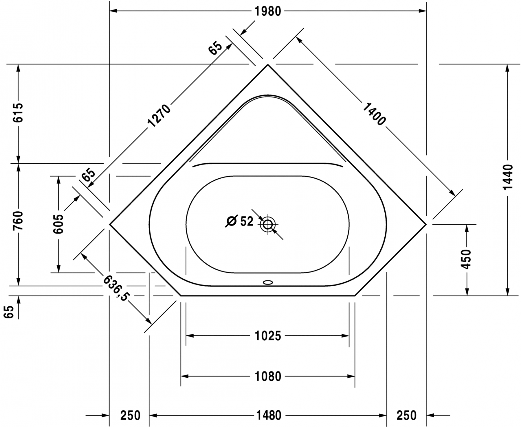 Duravit ванна D-Code 140x140 700137 схема 1