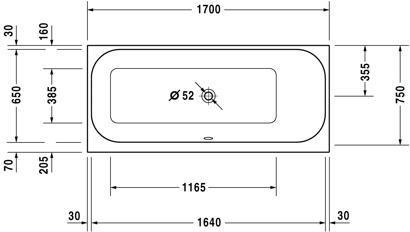 Ванна Duravit Happy D.2 170x75 700313 схема 1