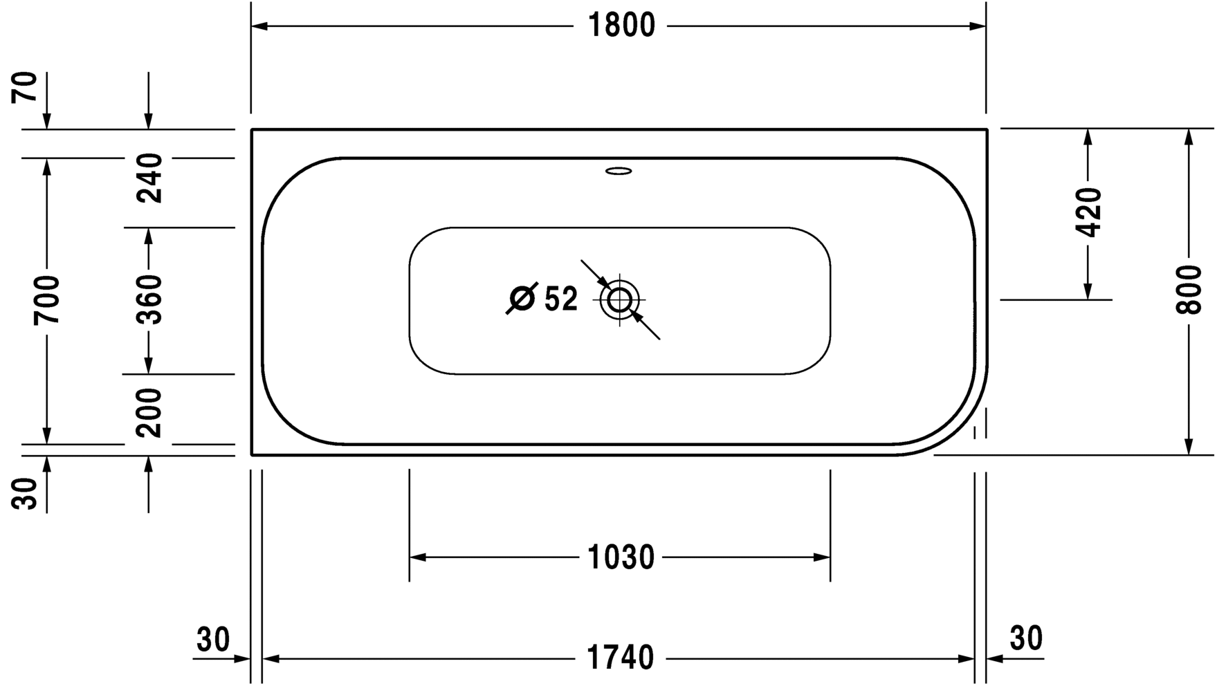 Ванна Duravit Happy D.2 180x80 700316 угол слева схема 1