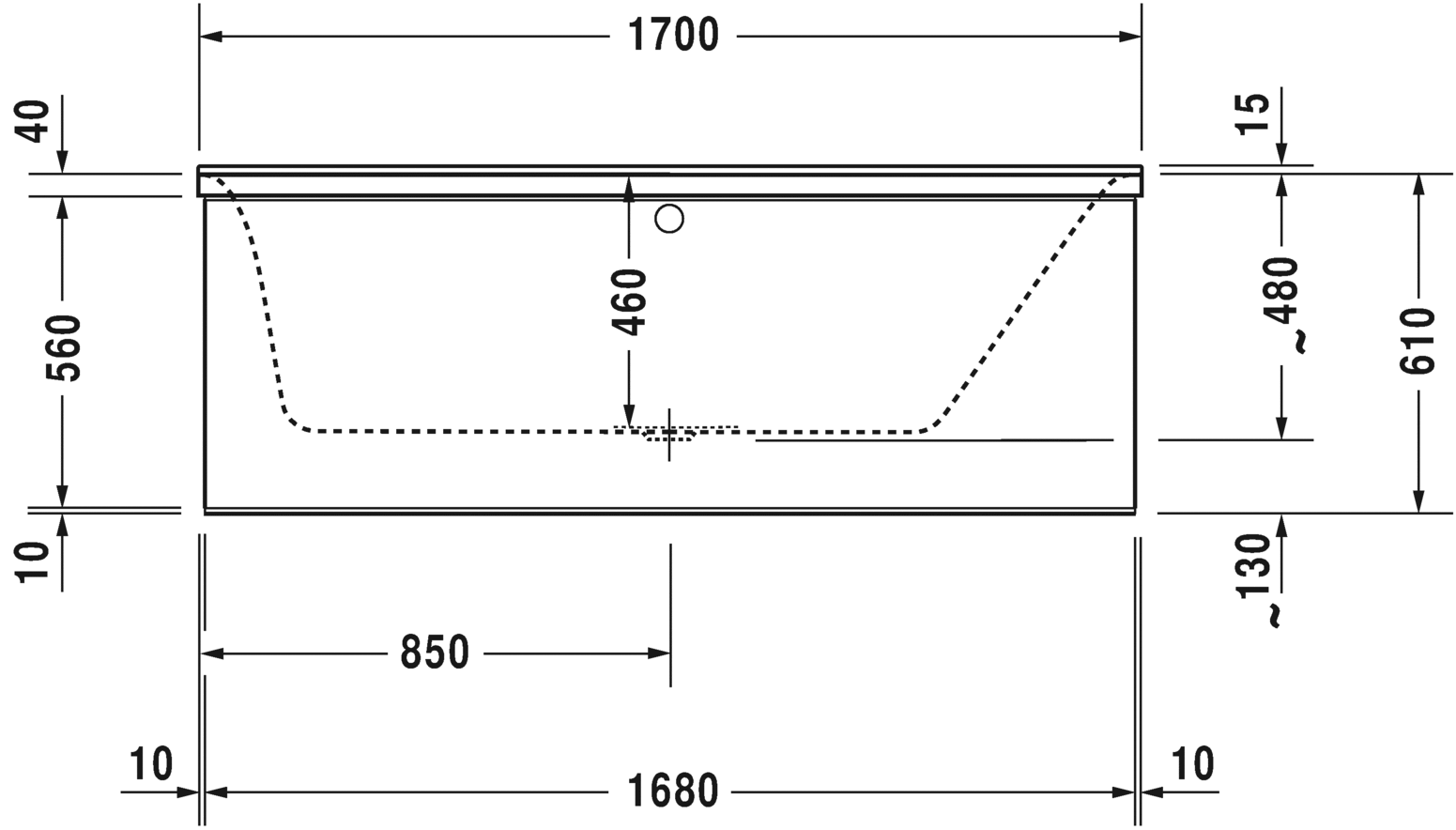 Ванна Duravit P3 Comforts 170x70 700374 c наклоном справа схема 4