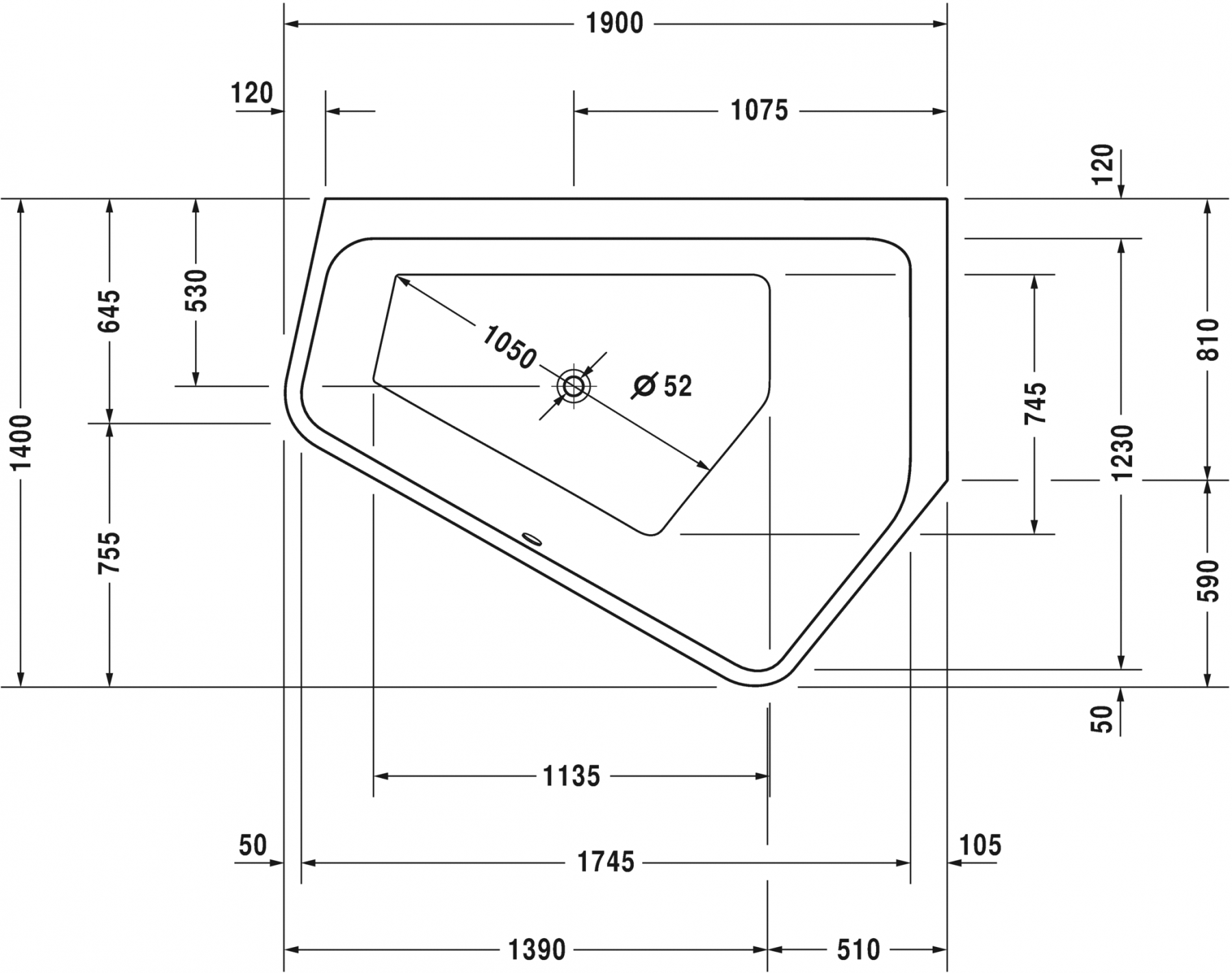 Duravit ванна Paiova 190x140 700397 с панелью схема 2