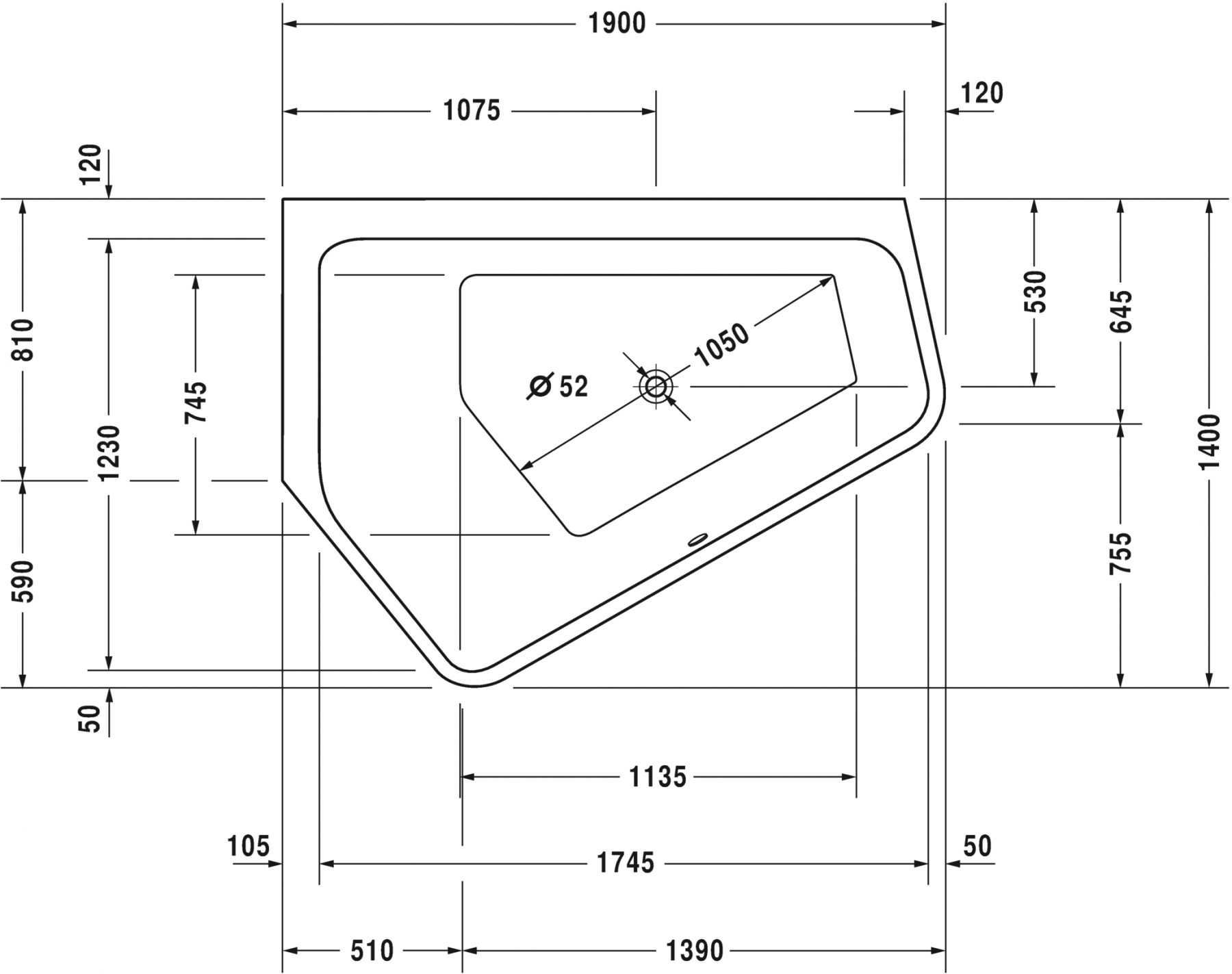 Duravit ванна Paiova 190x140 700396 с панелью схема 2