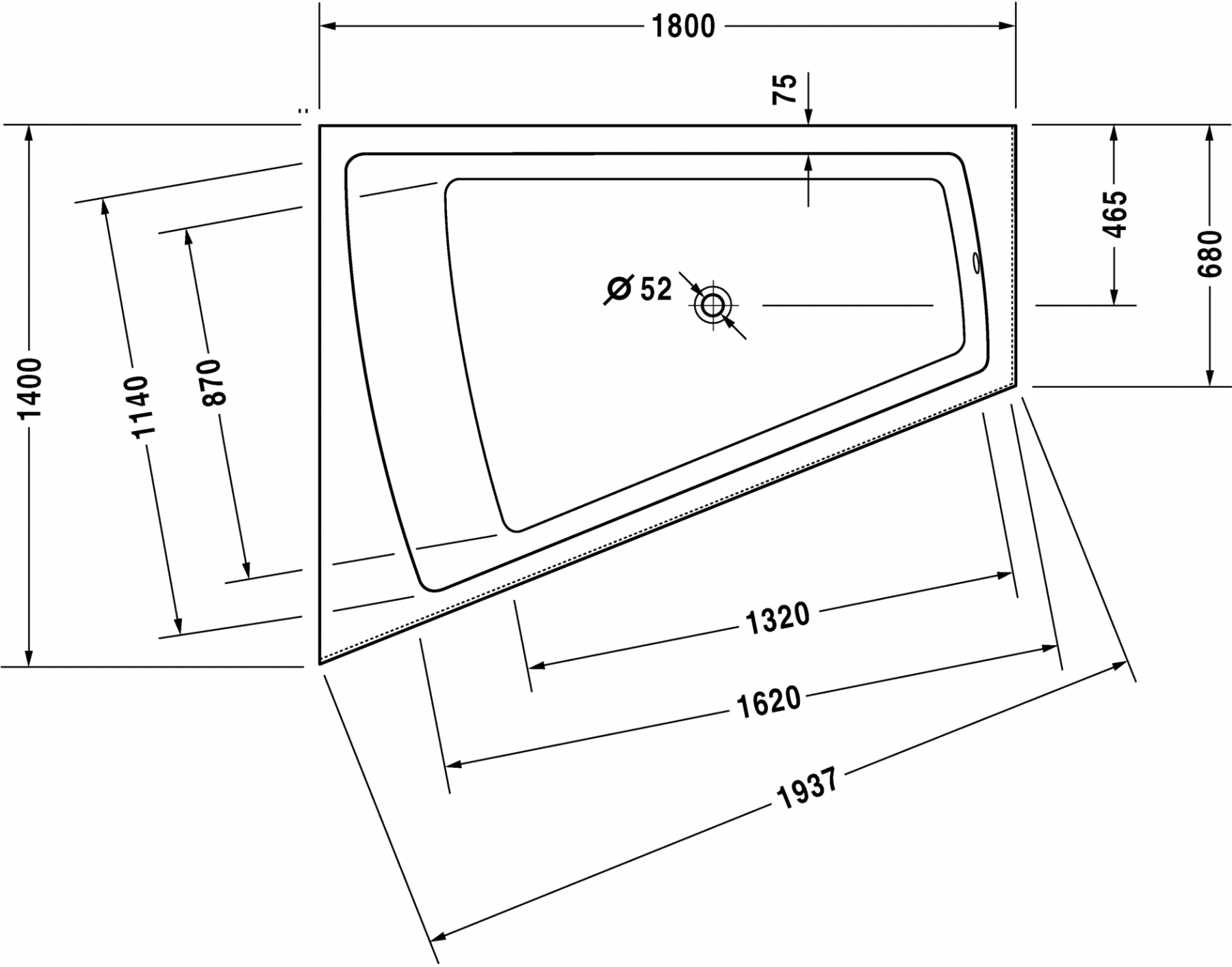 Duravit ванна Paiova 180x140 700268 с панелью схема 2