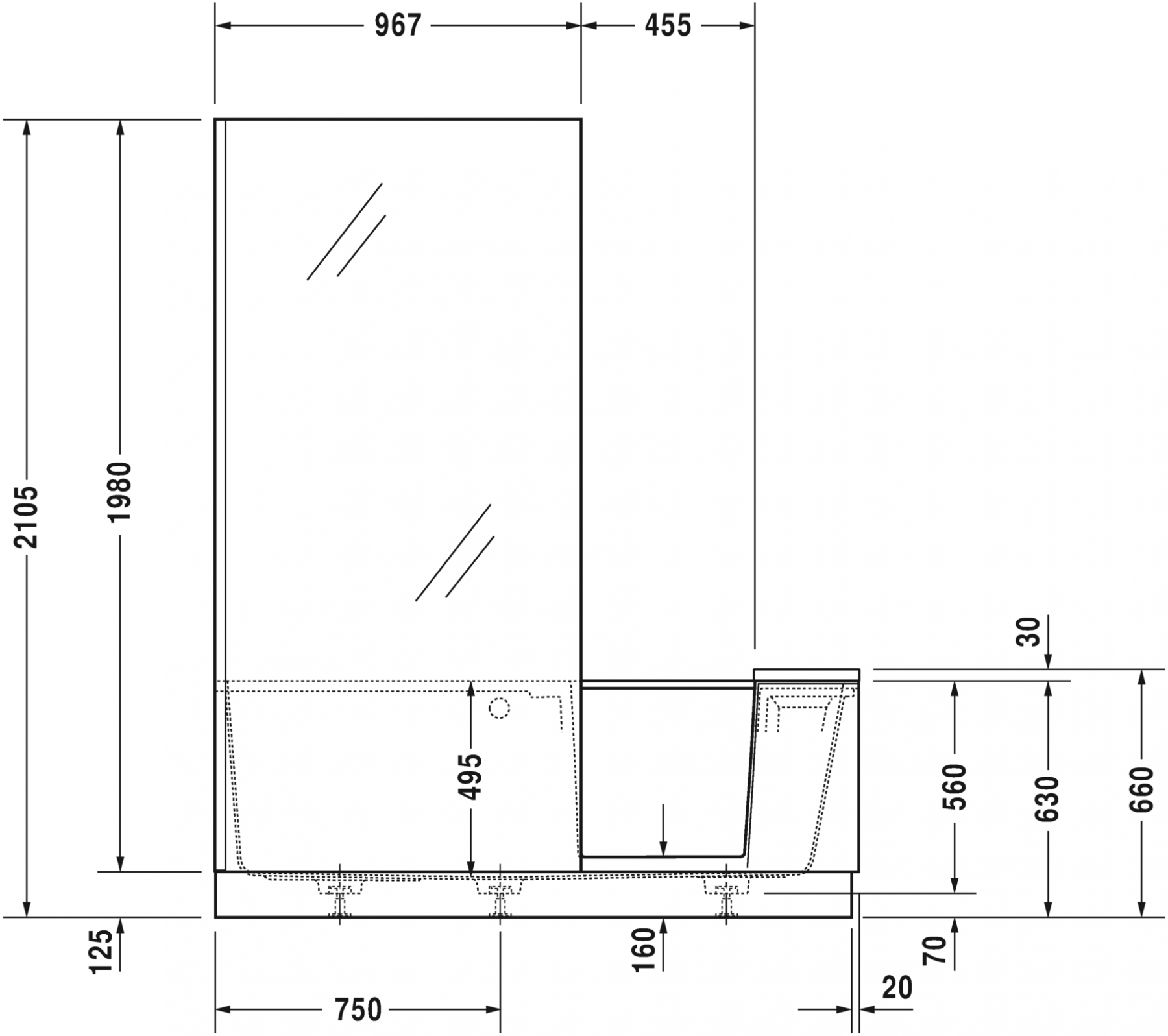 Комбинированная ванна Duravit Shower + Bath с дверью 170x75 700403000000000 схема 10