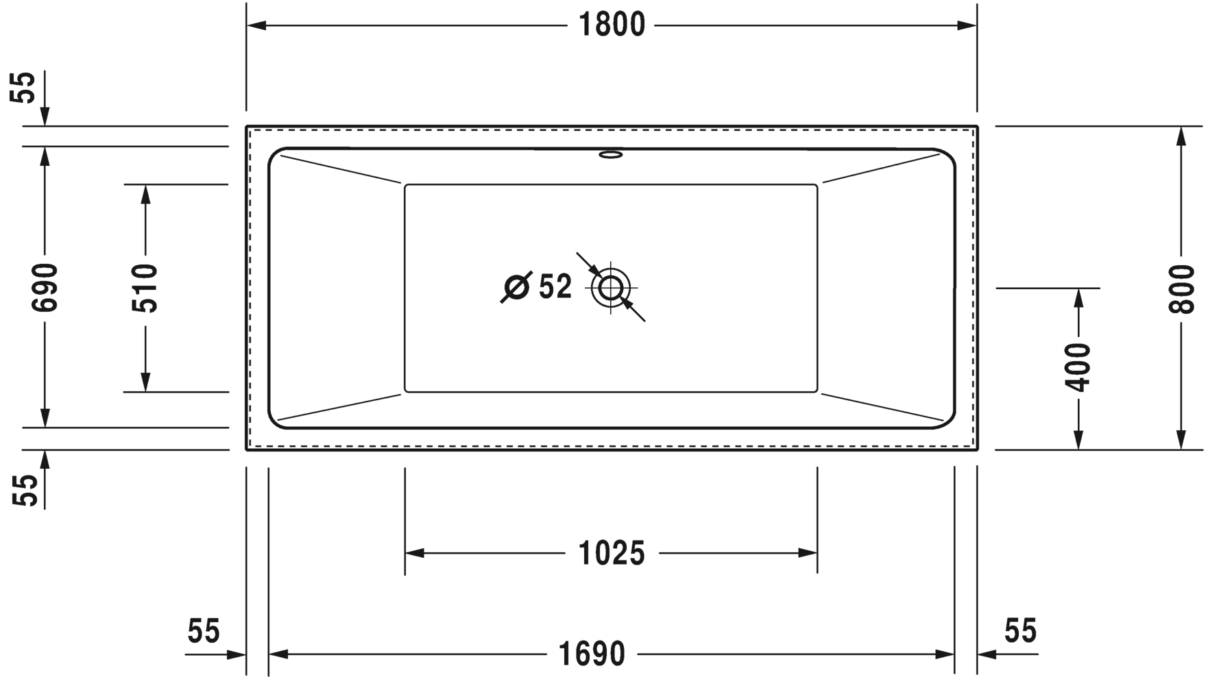 Ванна Duravit Vero Air 180x80 700418 отдельно стоящая схема 2