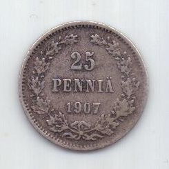 25 пенни 1907 г. редкий год. Финляндия. Российская империя