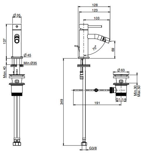 Cмеситель Fima Сarlo frattini Spillo up для биде F3032XS схема 2