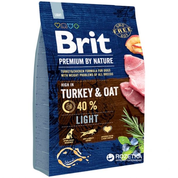 Корм сухой BRIT PREMIUM ADULT LIGHT для взрослых собак всех пород облегченный с индейкой 15кг