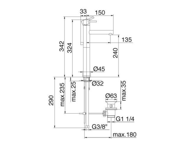 Смеситель для накладной раковины Treemme Vela 5812 с донным клапаном схема 2