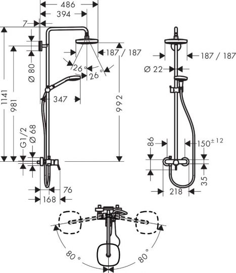 Душевая система с тропическим душем Hansgrohe Croma Select E Showerpipe 180 2jet 27258400 ФОТО