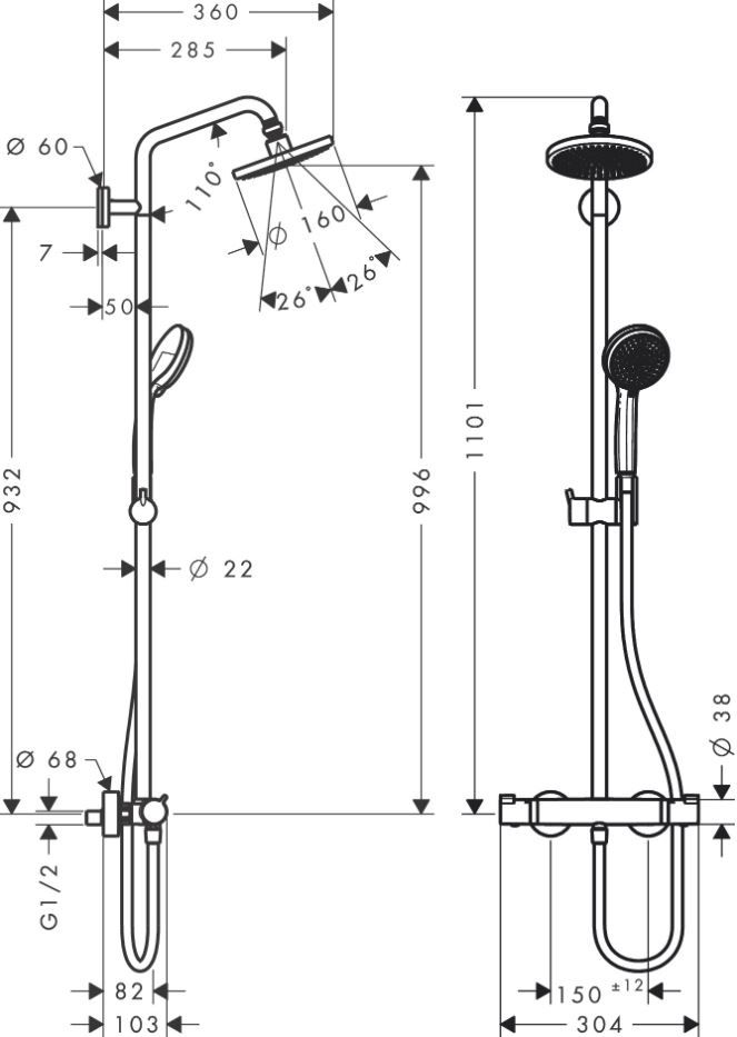 Душевая система Hansgrohe Croma Showerpipe 160 1jet 27135000 ФОТО