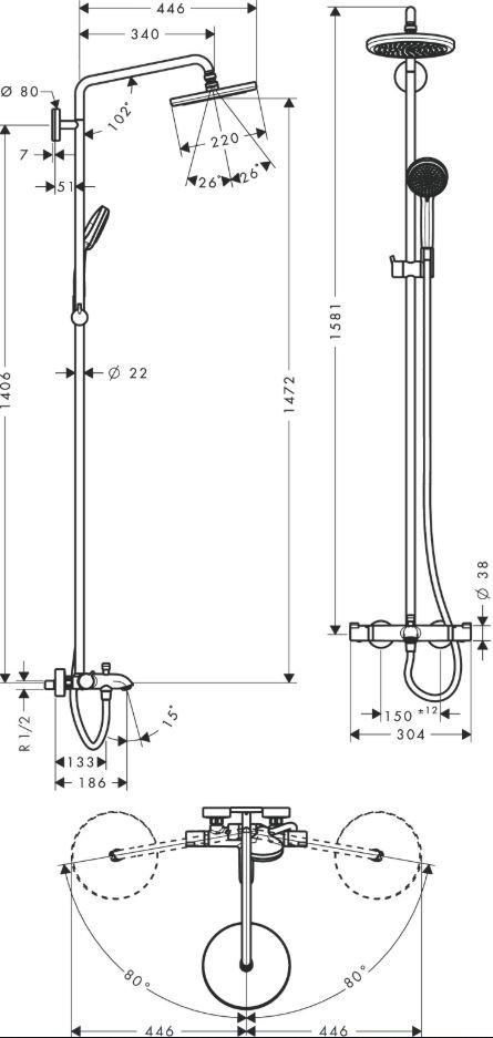 Душевая стойка с изливом Hansgrohe Croma Showerpipe 220 1jet 27223000 ФОТО