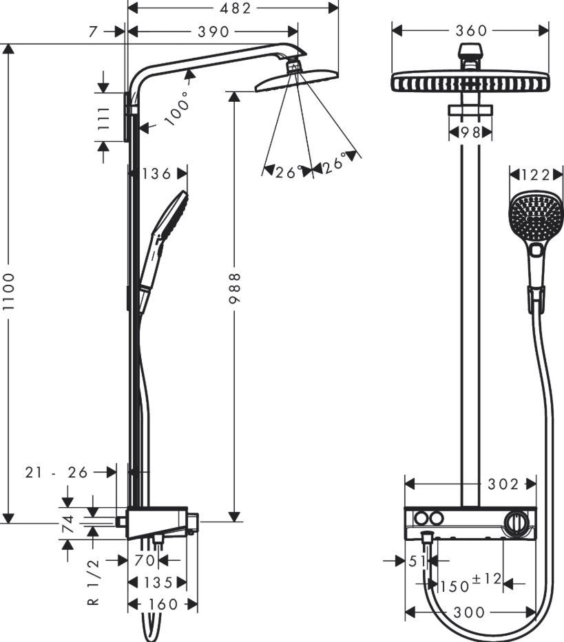 Душевая колонна с тропическим душем Hansgrohe Raindance E Showerpipe 360 1jet 27288 схема 3