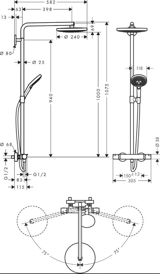 Душевая система Hansgrohe Raindance Select S Showerpipe 240 2jet 27129 схема 2