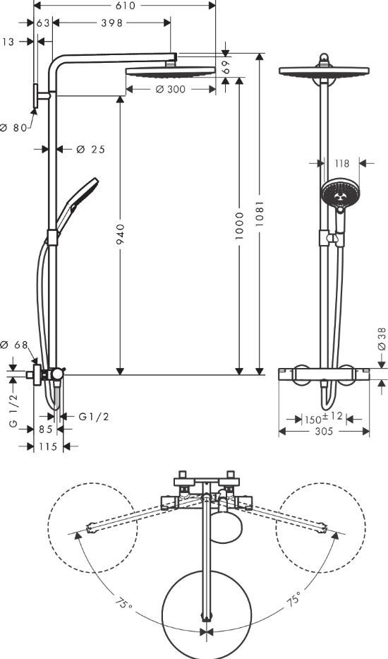 Душевая система Hansgrohe Raindance Select S Showerpipe 300 2jet 27133 схема 2