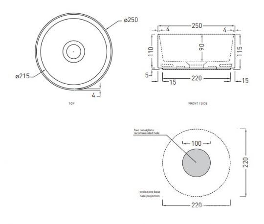 Накладная раковина Cielo Shui Comfort MILAT круглая 25х25 схема 1