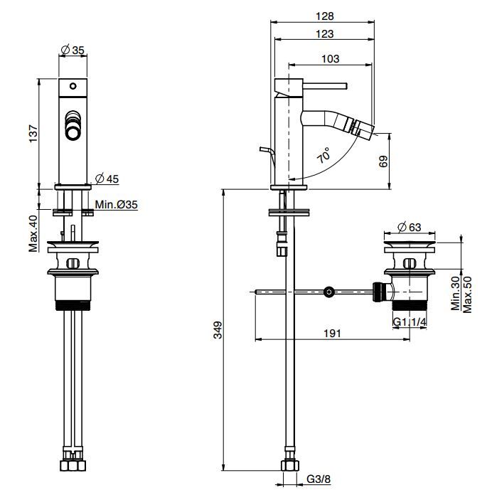 Fima carlo frattini Spillo Tech смеситель для биде F3032XSG схема 1