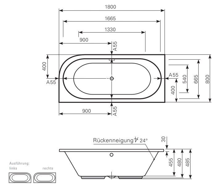 Ванна Mauersberger 1318000401 Primo 180x80 схема 1