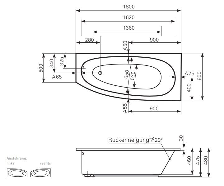 Ванна Mauersberger 1418000201 Bombax 180x80 схема 1