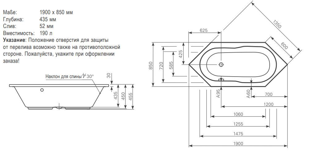 Ванна Mauersberger 1119000201 Oleca 190x85 схема 1