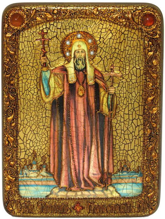 Инкрустированная икона Святитель Филипп, митрополит Московский (21*29  см, Россия) на натуральном мореном дубе, в подарочной коробке