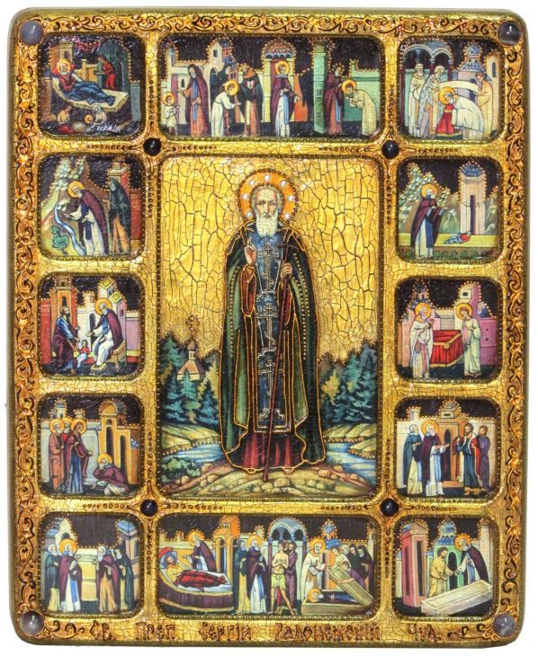 Большая инкустированная икона Преподобный Сергий Радонежский Чудотворец (30*37  см, Россия) с житийными клеймами на мореном дубе