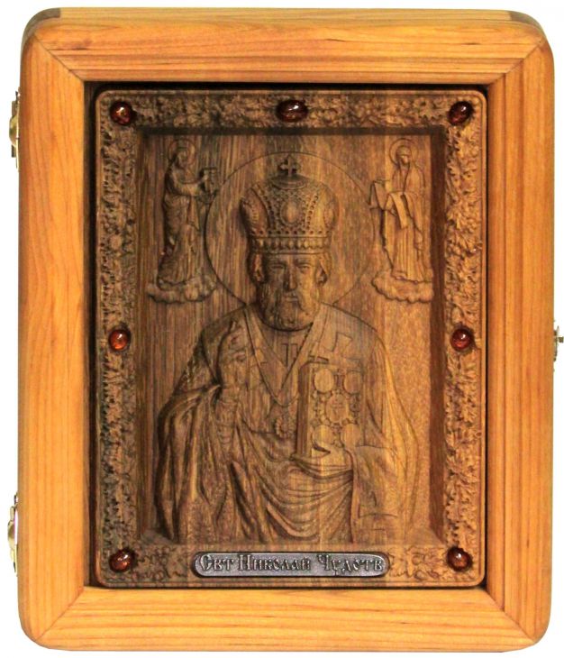 Резная икона Святитель Николай (Чудотворец) (18*23 см, Россия) на мореном дубе в подарочной коробке