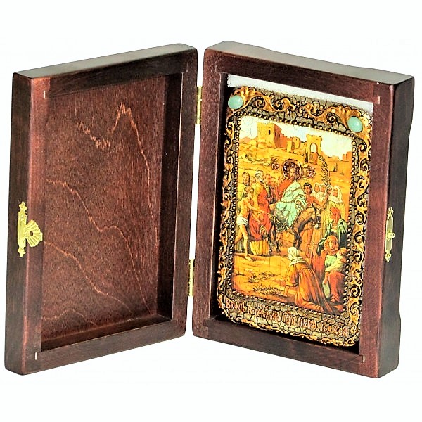Инкрустированная настольная икона Вход Господень В Иерусалим (10*15 см, Россия) на натуральном мореном дубе, в подарочной коробке