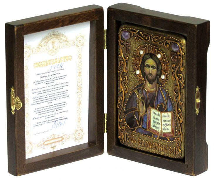 Настольная икона "Господь Вседержитель" на мореном дубе