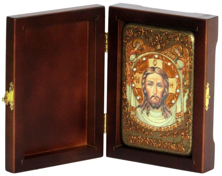 Инкрустированная настольная икона Спас Нерукотворный (10*15 см, Россия) на натуральном мореном дубе, в подарочной коробке