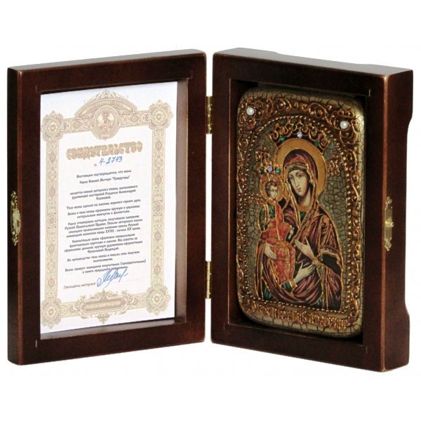 Инкрустированная настольная икона Божией Матери Троеручица (10*15 см, Россия) на натуральном мореном дубе, в подарочной коробке