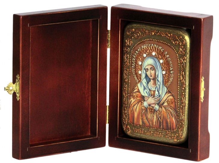 Инкрустированная настольная икона Умиление Серафимо-Дивеевская (10*15 см, Россия) на натуральном мореном дубе, в подарочной коробке