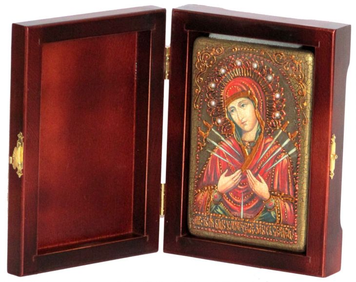 Инкрустированная настольная икона Божией Матери Умягчение злых сердец (10*15 см, Россия) на натуральном мореном дубе, в подарочной коробке