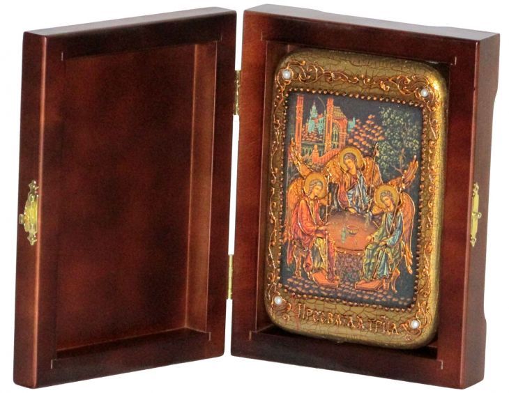 Инкрустированная настольная икона Троица (10*15 см, Россия) на натуральном мореном дубе, в подарочной коробке