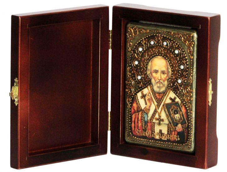 Инкрустированная настольная икона Святитель Николай, архиепископ Мир Ликийский (Мирликийский), чудотворец (10*15 см, Россия) на натуральном мореном дубе, в подарочной коробке