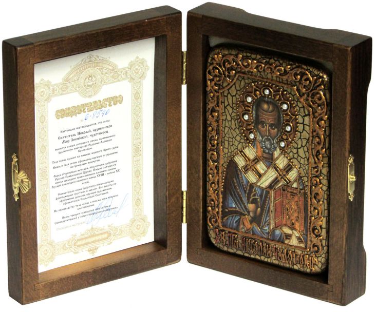 Инкрустированная икона Святитель Николай, архиепископ Мир Ликийский (Мирликийский) (10*15 см, Россия) на натуральном мореном дубе в подарочной коробке