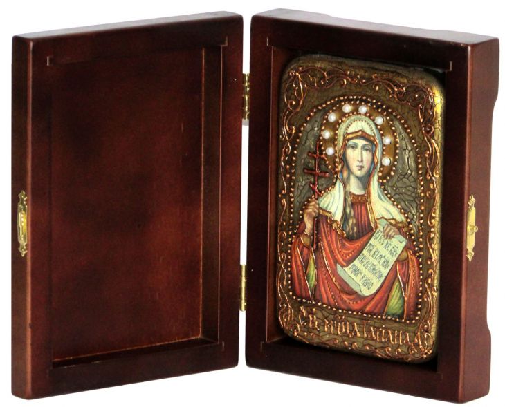 Инкрустированная настольная икона Святая мученица Татиана (10*15 см, Россия) на натуральном мореном дубе, в подарочной коробке