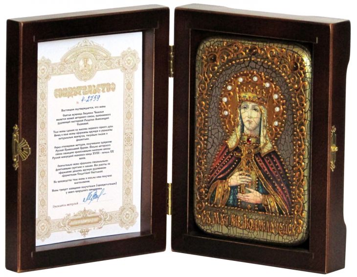 Инкрустированная настольная икона Святая Мученица Людмила Чешская (10*15 см, Россия) на натуральном мореном дубе, в подарочной коробке