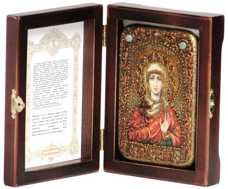 Инкрустированная настольная икона Святая мученица Галина Коринфская (10*15 см, Россия) на натуральном мореном дубе, в подарочной коробке