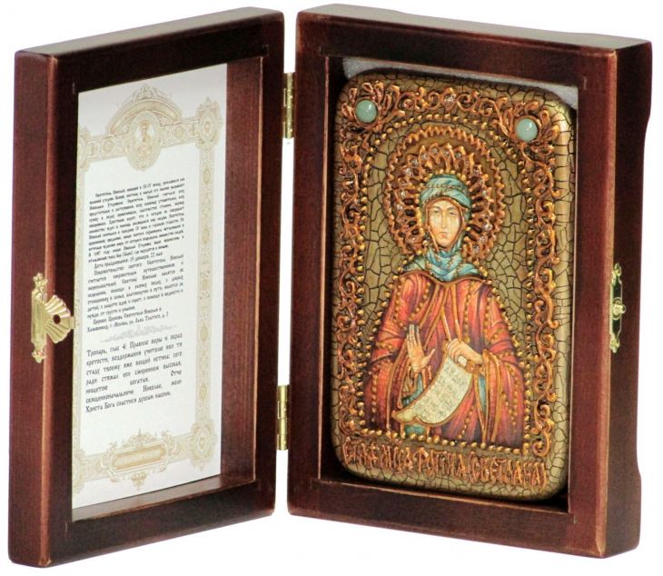 Инкрустированная настольная икона Преподобная Фотиния (Светлана) Палестинская (10*15 см, Россия) на натуральном мореном дубе, в подарочной коробке