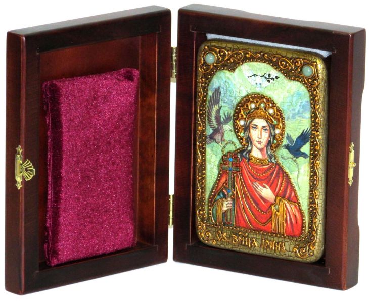 Инкрустированная настольная икона Святая Великомученица Ирина Македонская (10*15 см, Россия) на натуральном мореном дубе, в подарочной коробке