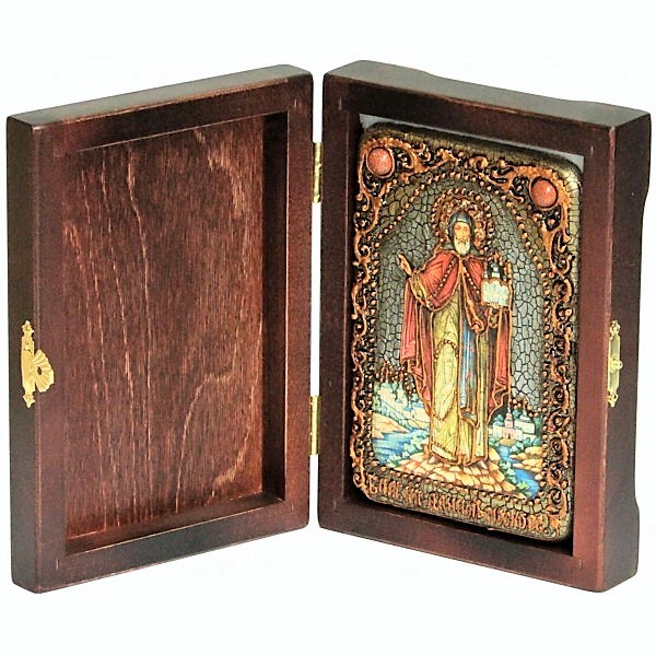 Инкрустированная настольная икона Святой благоверный князь Даниил Московский (10*15 см, Россия) на натуральном мореном дубе, в подарочной коробке