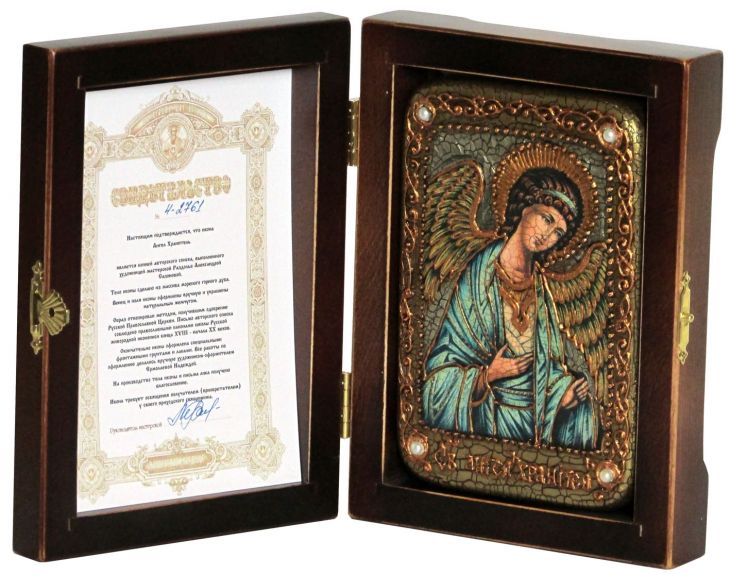 Инкрустированная икона Ангел Хранитель (10*15 см, Россия) на натуральном мореном дубе в подарочной коробке