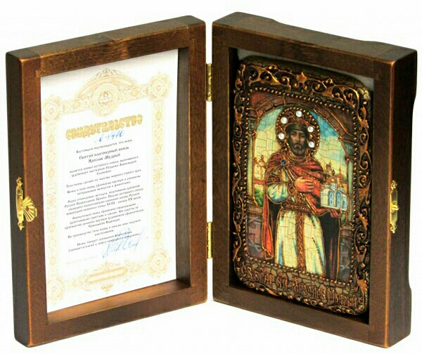 Инкрустированная настольная икона Святой Благоверный князь Ярослав Мудрый (10*15 см, Россия) на натуральном мореном дубе в подарочной коробке