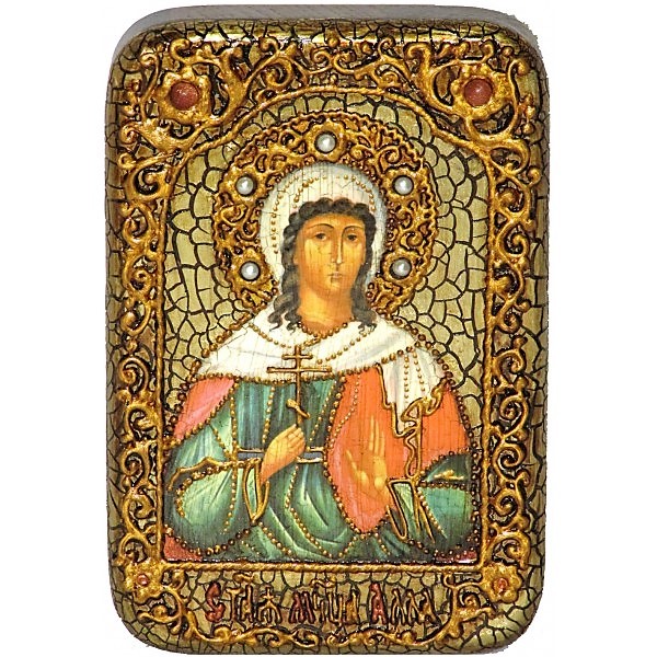 Инкрустированная настольная икона Святая мученица Алла Готфская (10*15 см, Россия) на натуральном мореном дубе, в подарочной коробке