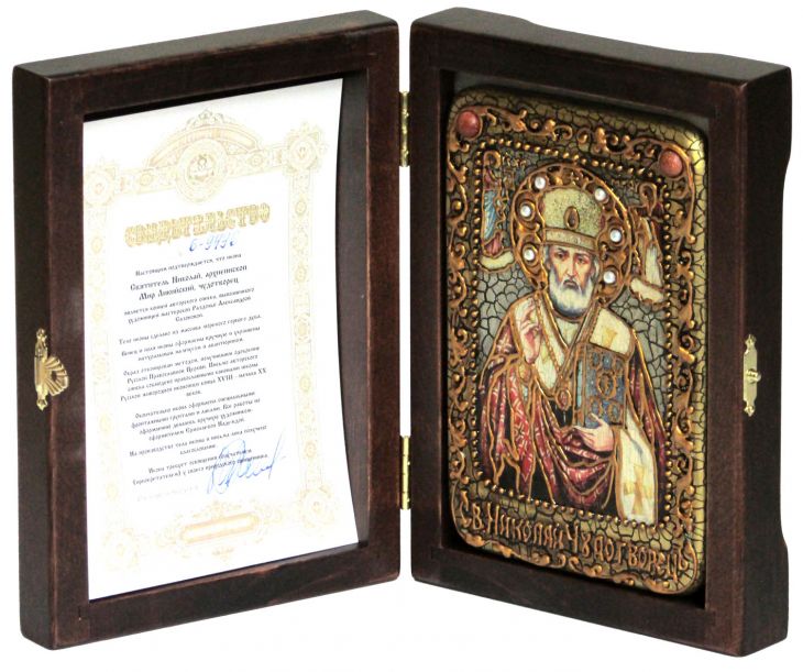 Инкрустированная икона Святитель Николай, архиепископ Мир Ликийский (Мирликийский) (10*15 см, Россия) на натуральном мореном дубе в подарочной коробке