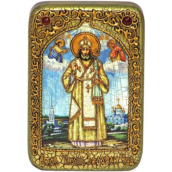 Инкрустированная настольная икона Святитель Тихон Задонский (10*15 см, Россия) на натуральном мореном дубе, в подарочной коробке Инкрустированная настольная икона Святитель Тихон Задонский (10*15 см, Россия) на натуральном мореном дубе, в подарочной коробке